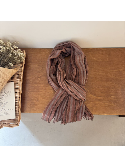 Orange Red striped scarf with openwork bands and short fringe