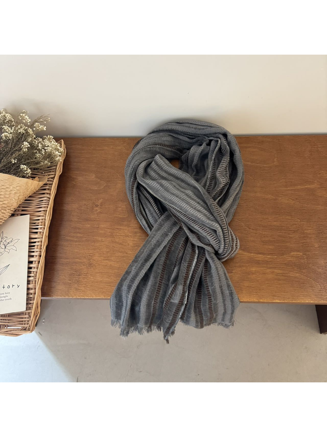 Dark Gray striped scarf with openwork bands and short fringe