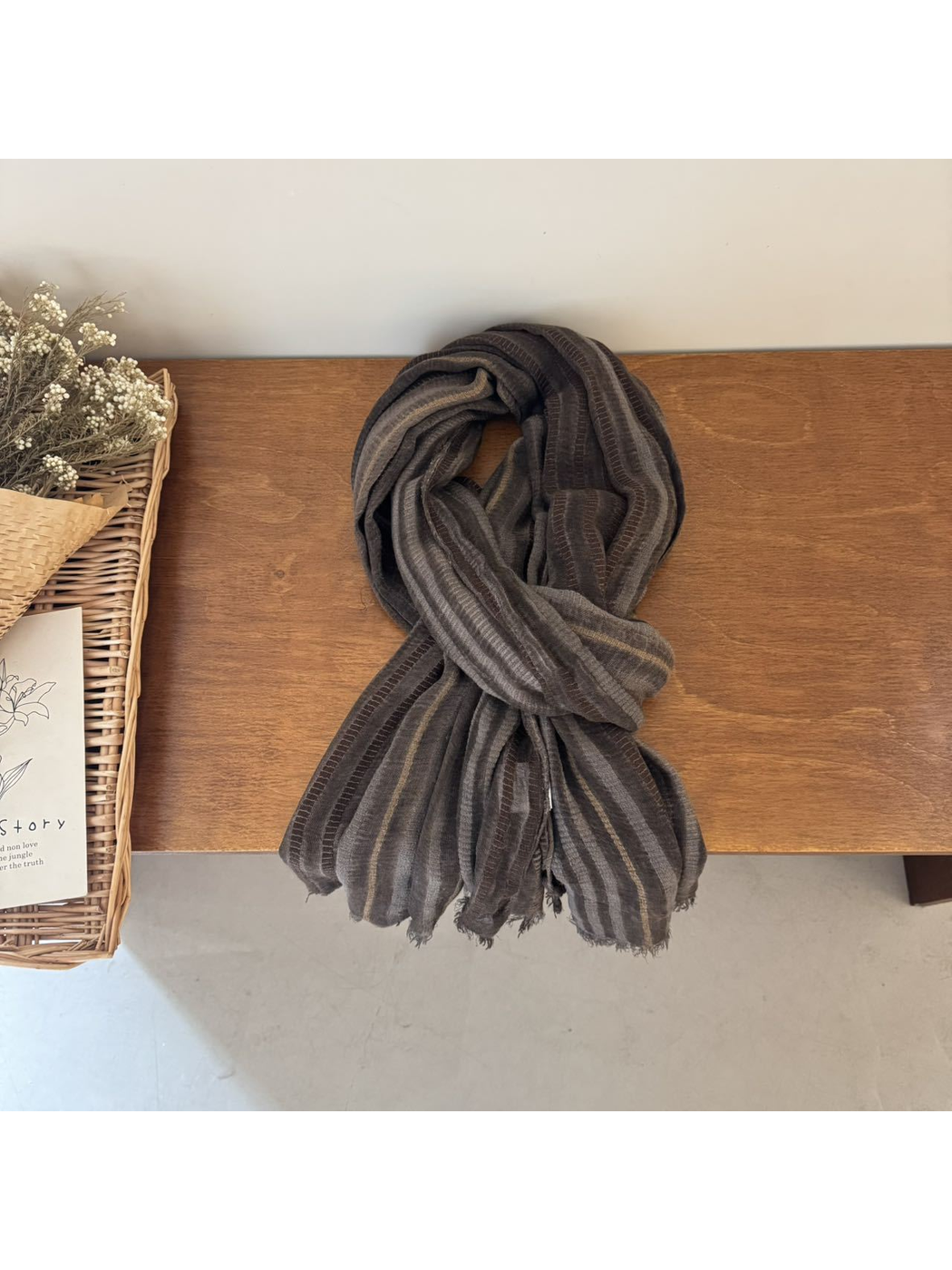 Coffee striped scarf with openwork bands and short fringe