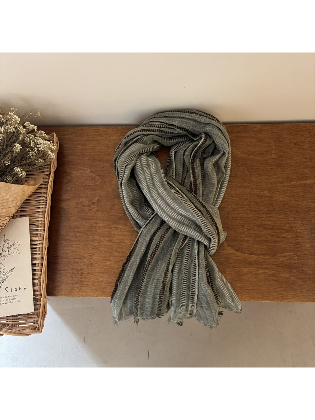 Army Green striped scarf with openwork bands and short fringe