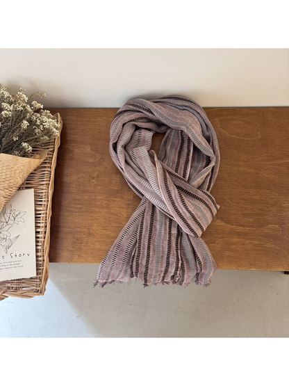 Light Pink striped scarf with openwork bands and short fringe