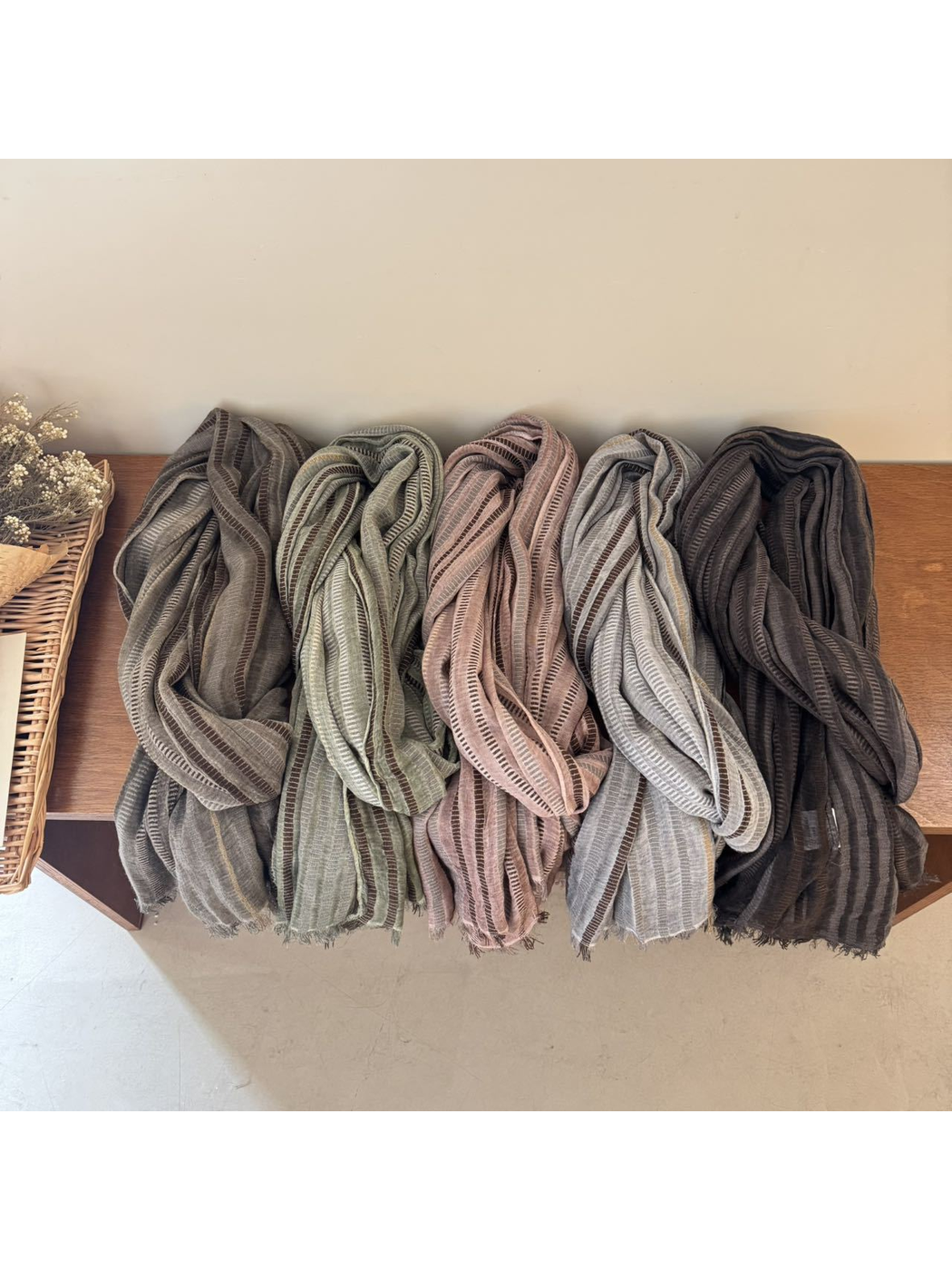 Five striped scarf colors displayed together
