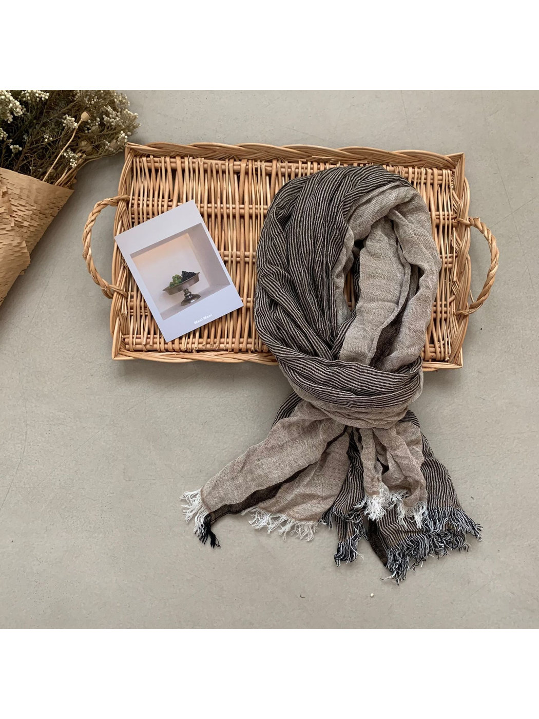 Beige color-blocked striped scarf with fringed ends