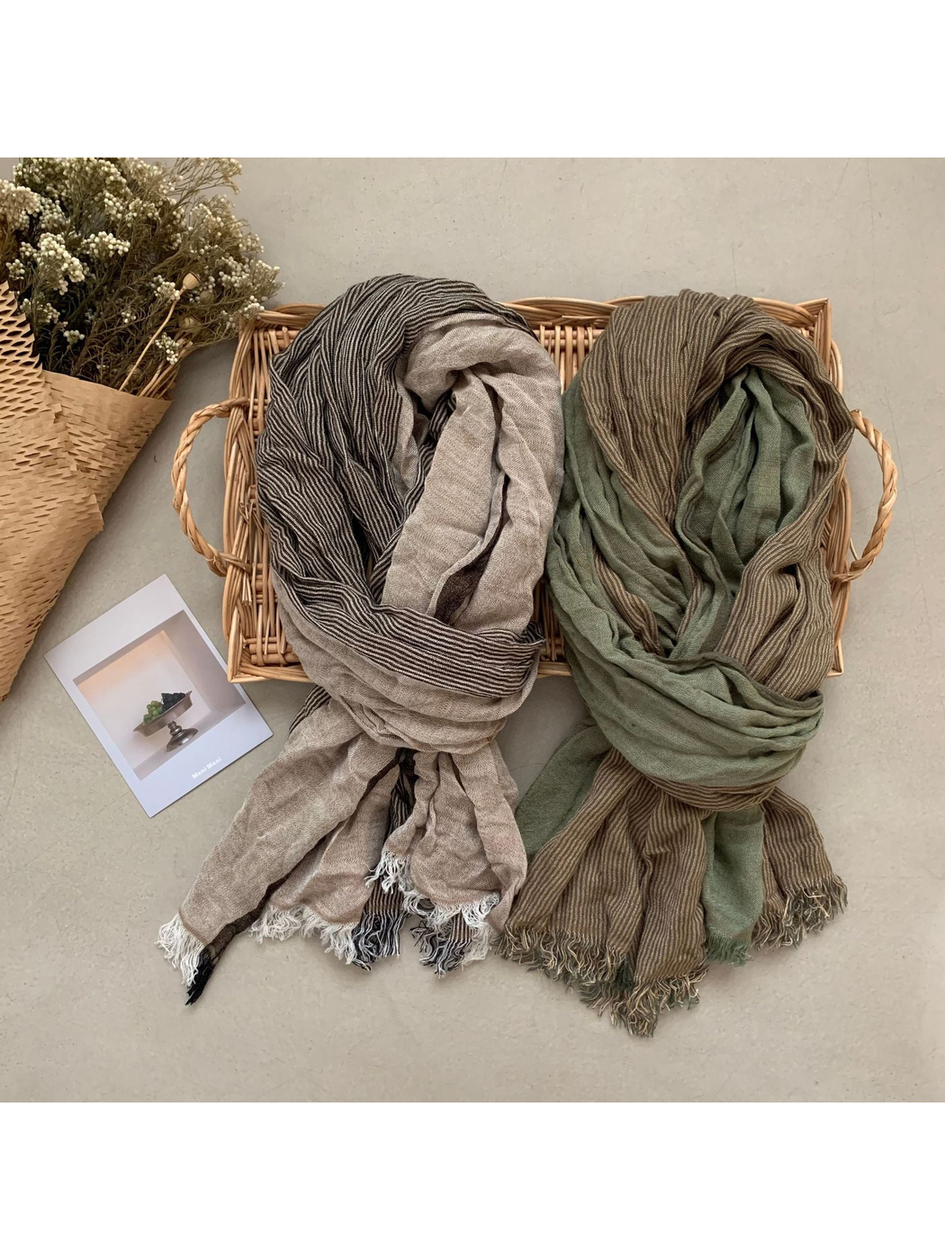 Beige and Army Green color-blocked striped scarves displayed together