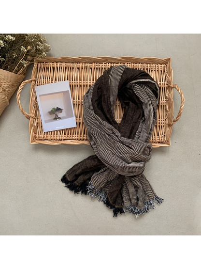 Dark Brown color-blocked striped scarf with fringed ends