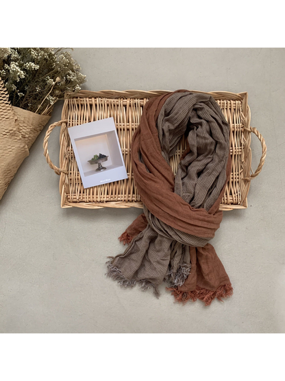 Orange color-blocked striped scarf with fringed ends