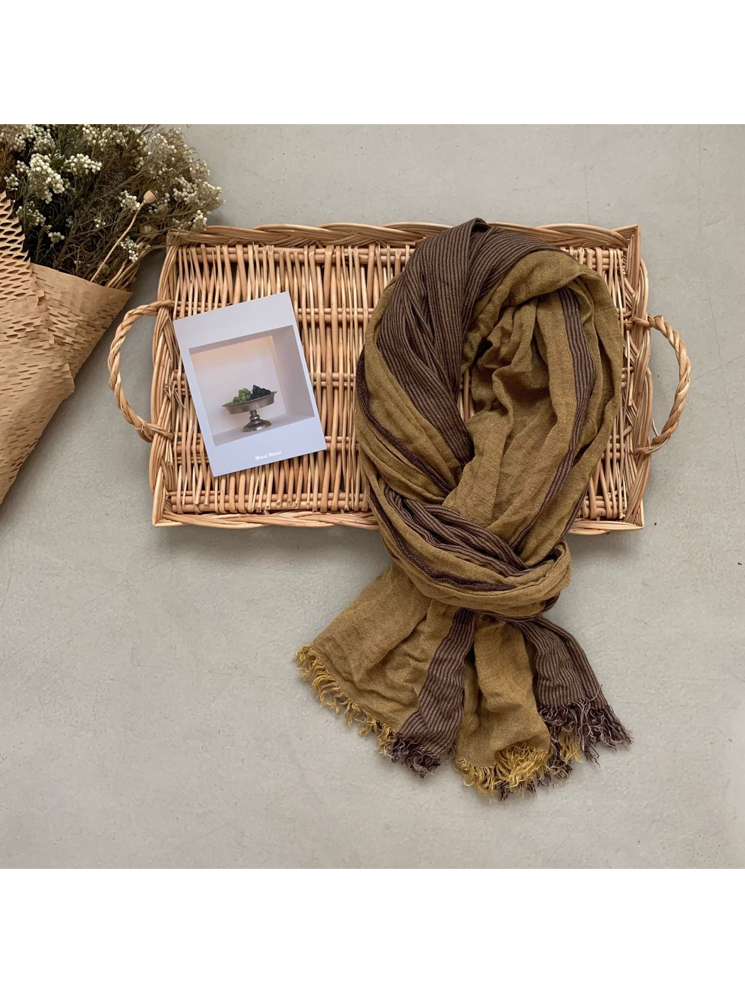 Mustard color-blocked striped scarf with fringed ends
