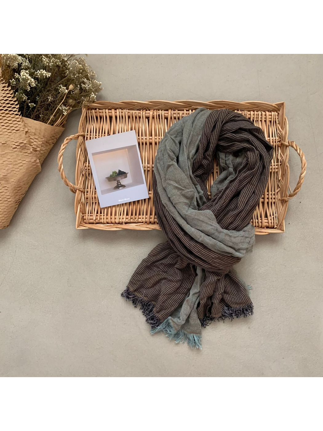 Gray Blue color-blocked striped scarf with fringed ends