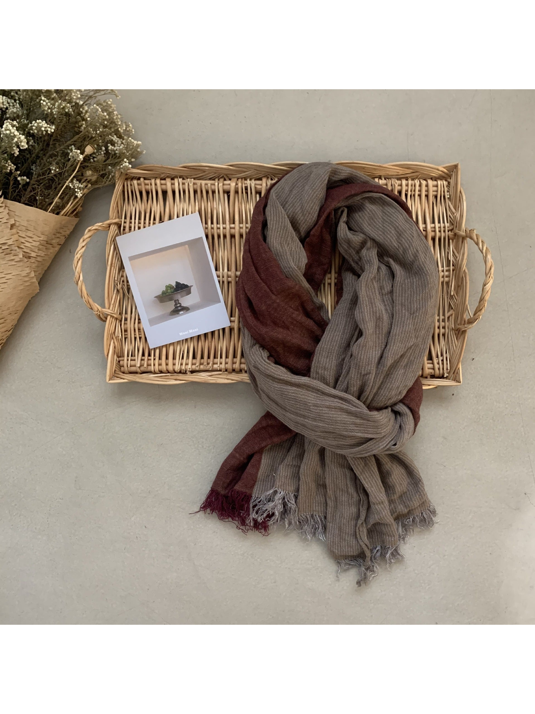 Burgundy color-blocked striped scarf with fringed ends