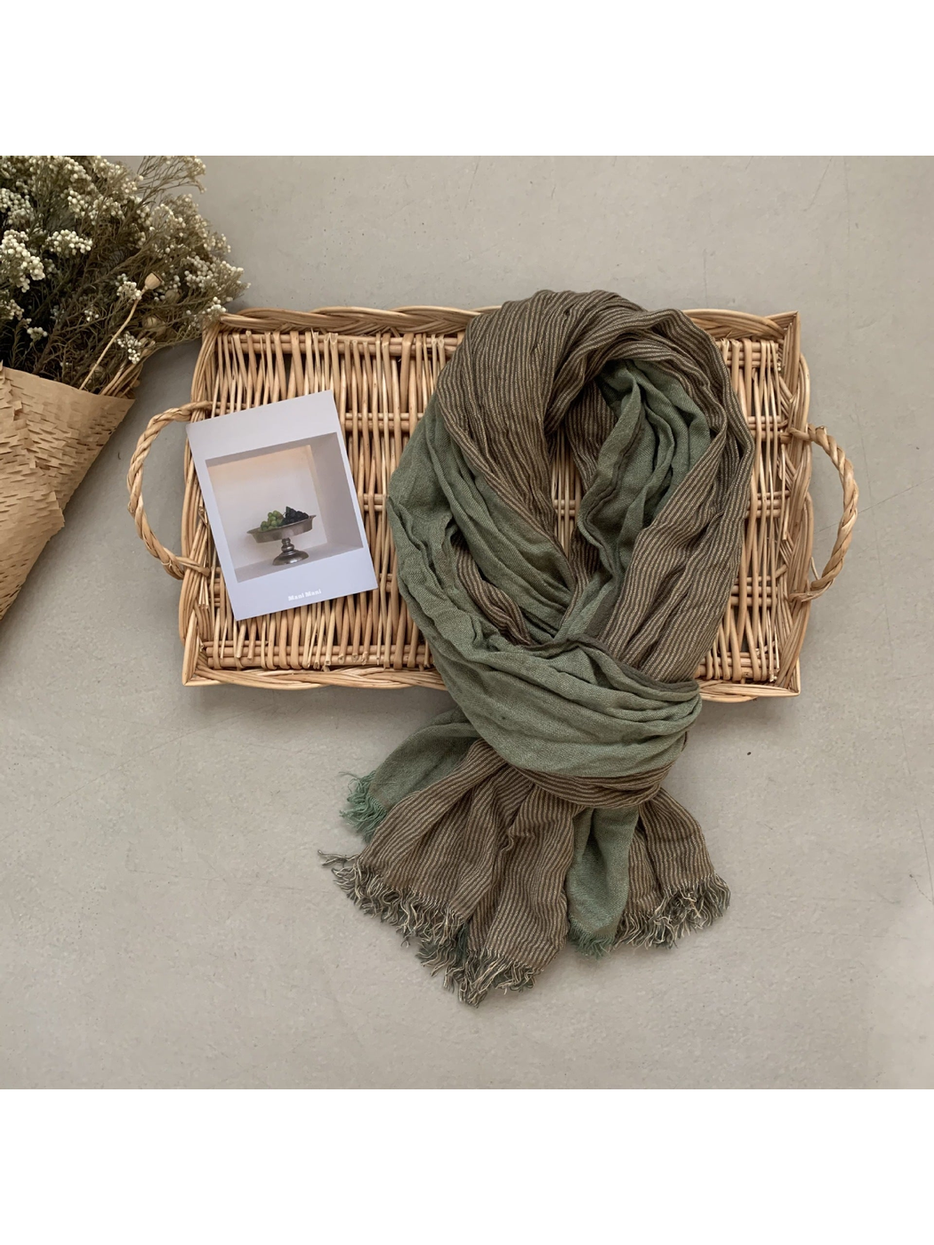 Army Green color-blocked striped scarf with fringed ends