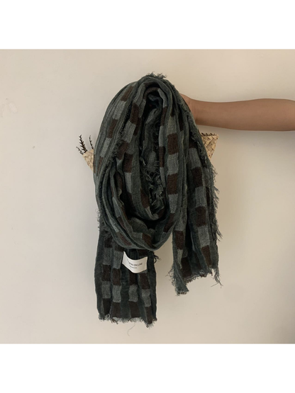 Dark Green scarf with rectangular block pattern and frayed edges