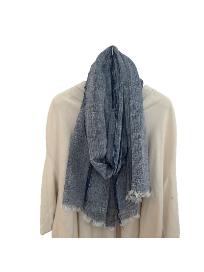 Blue-gray long scarf with crinkled woven-look texture and fringed ends