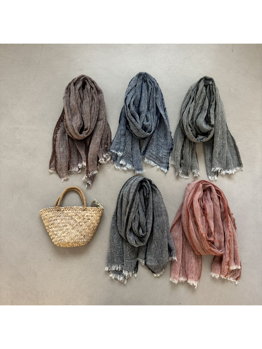 Coffee, Navy, Army Green, Black Gray and Dusty Pink textured scarves displayed together