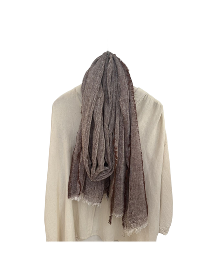 Coffee long textured scarf with open-weave bands and fringed ends