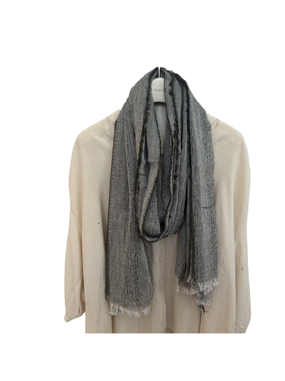 Army Green long textured scarf with open-weave bands and fringed ends