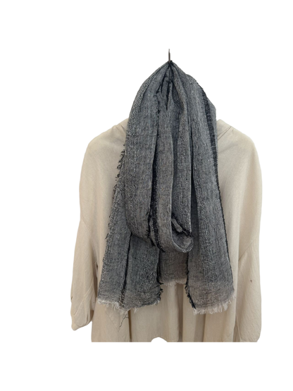 Black Gray long textured scarf with open-weave bands and fringed ends