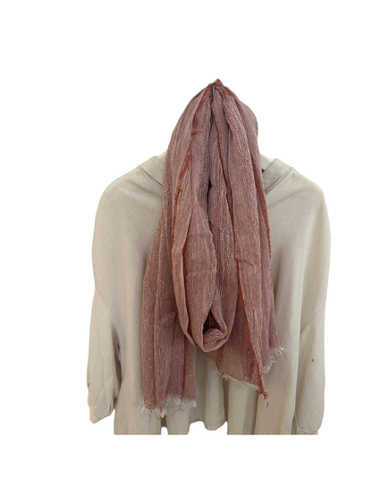 Dusty Pink long textured scarf with open-weave bands and fringed ends