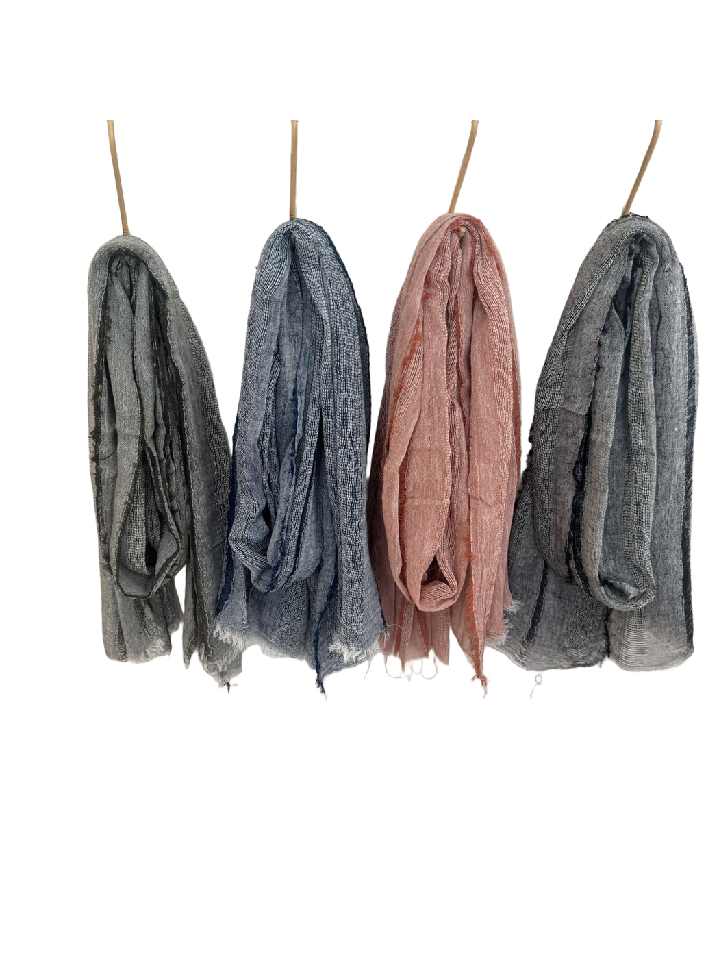 Army Green, Navy, Dusty Pink and Black Gray textured scarves hanging together