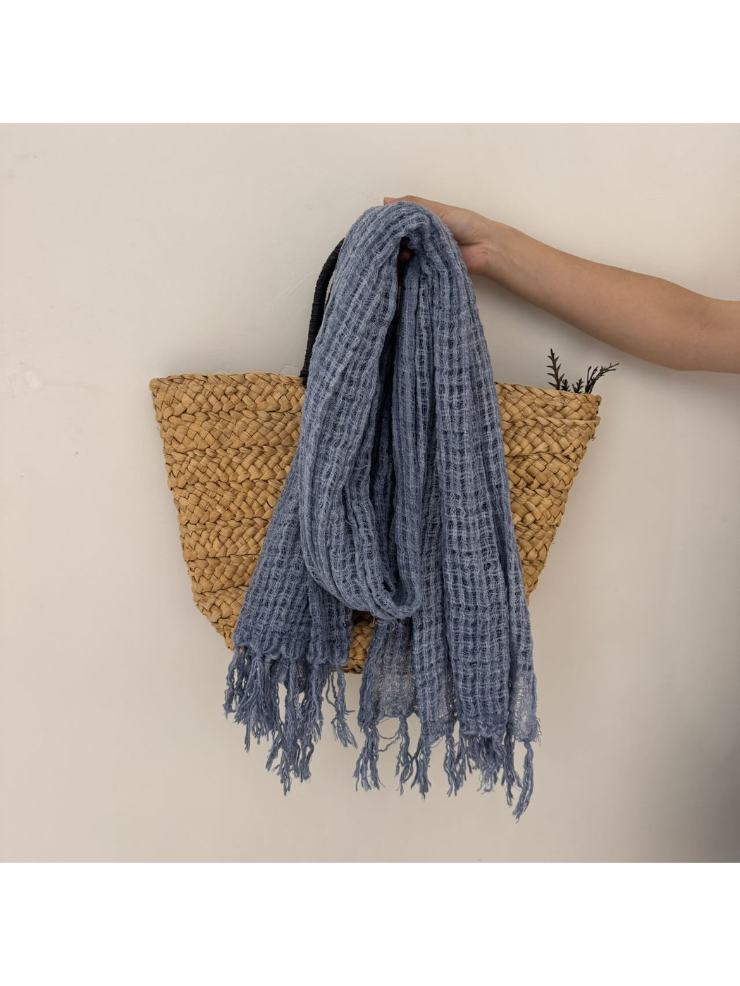 Gray Blue openwork scarf with fringed ends