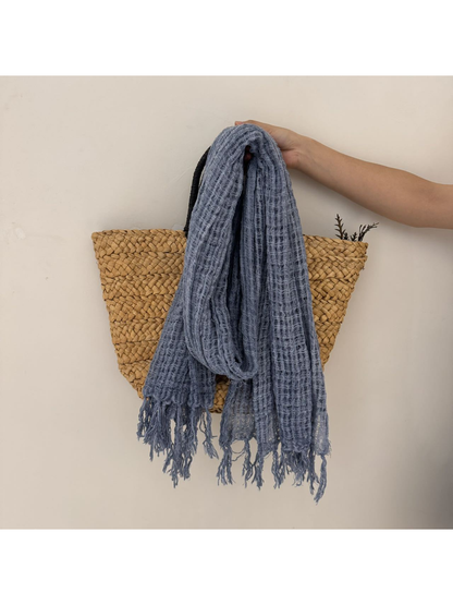 Gray Blue openwork scarf with fringed ends