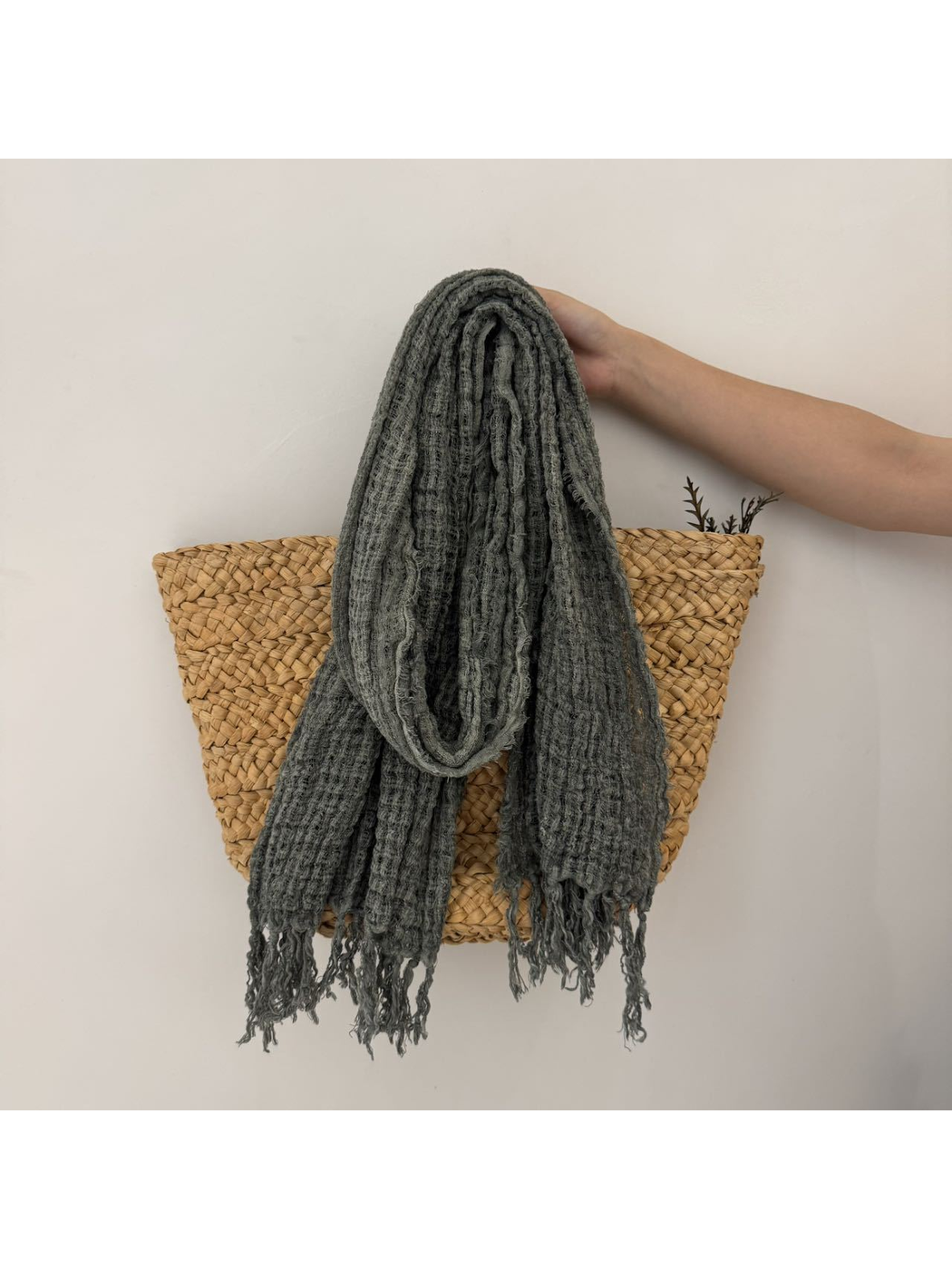 Army Green openwork scarf with fringed ends