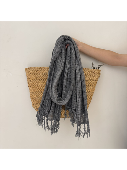 Dark Gray openwork scarf with fringed ends