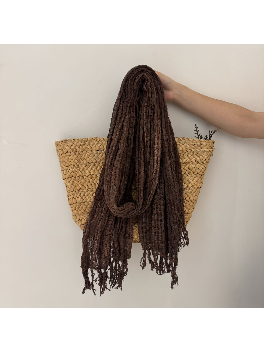 Dark Brown openwork scarf with fringed ends