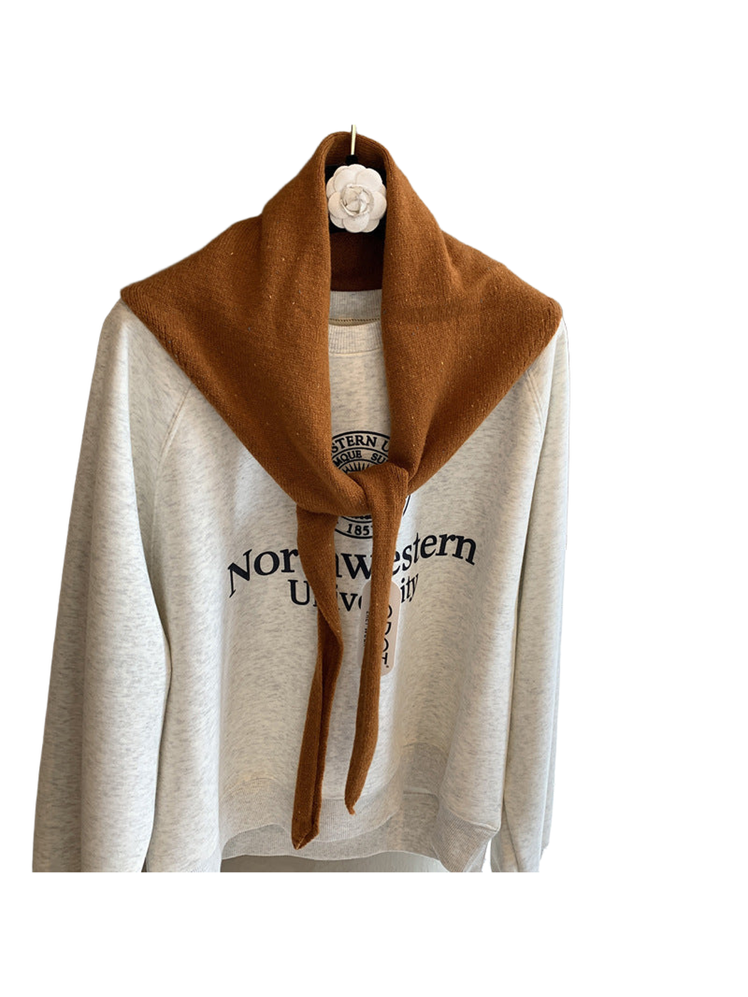 Caramel flecked triangle scarf tied at the front