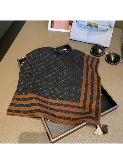 Navy square scarf with dotted windowpane checks, brown striped border and corner tassels