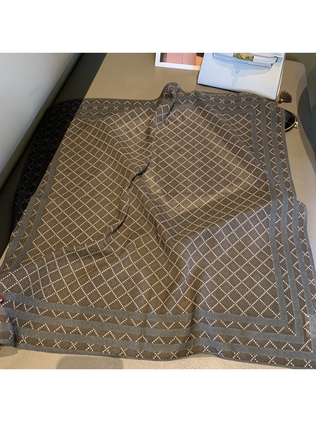 Coffee square scarf with dotted windowpane checks, gray striped border and corner tassels