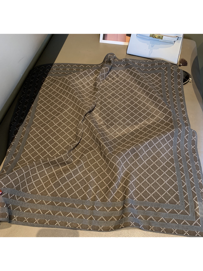 Coffee square scarf with dotted windowpane checks, gray striped border and corner tassels