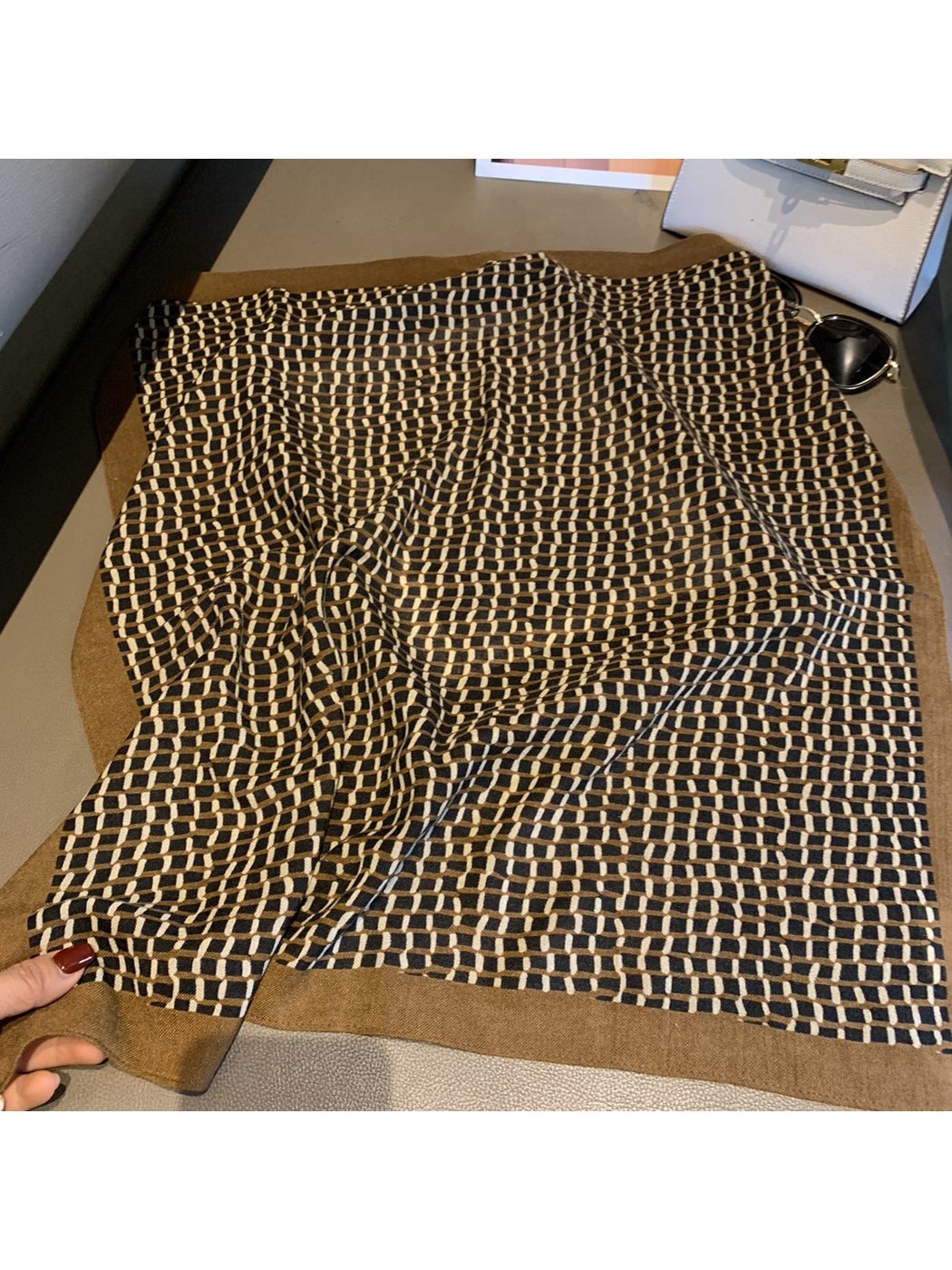 Texture square scarf with brown irregular grid pattern and solid border
