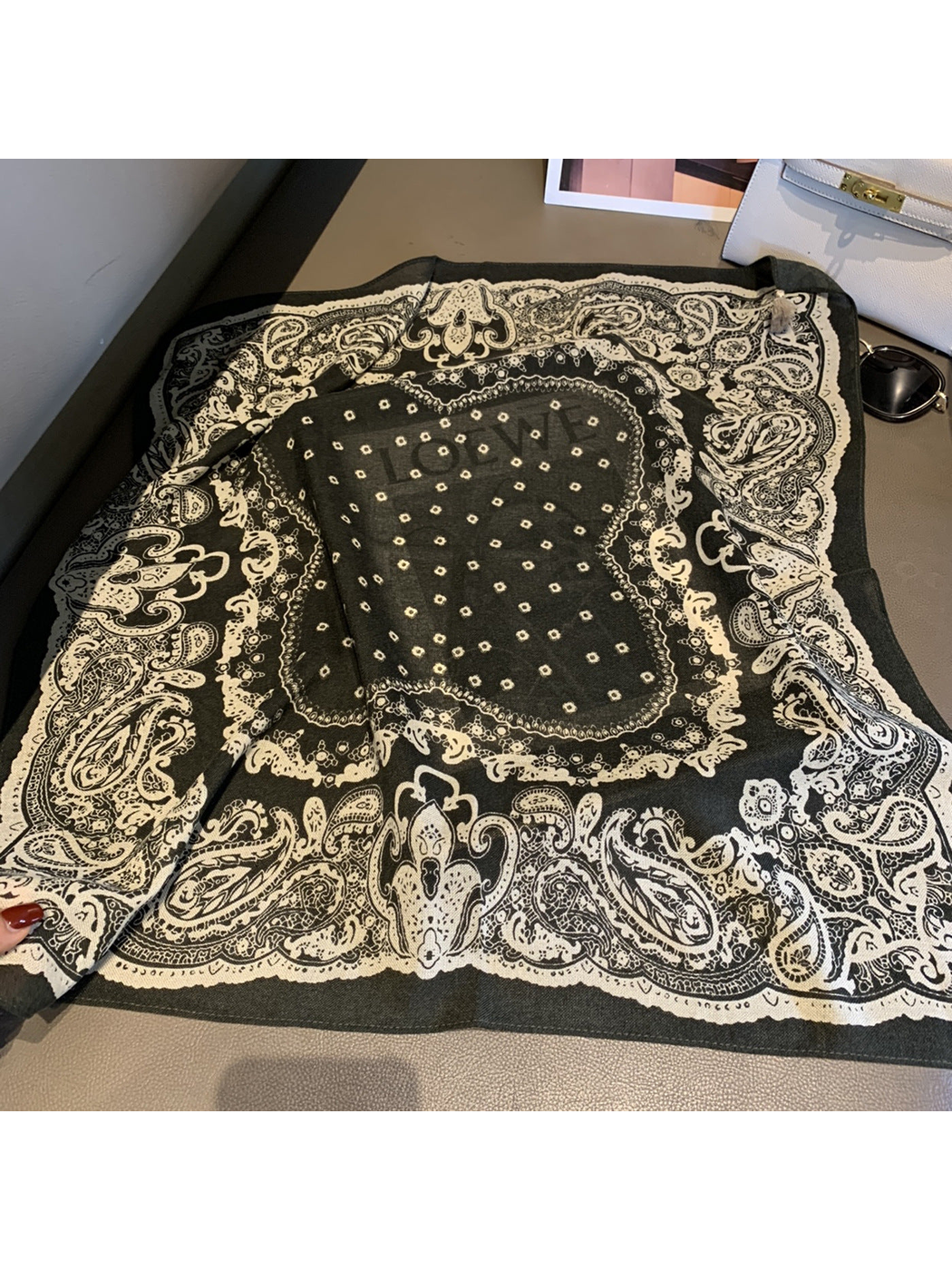 Dotted Paisley square scarf with cream ornamental border and dotted center