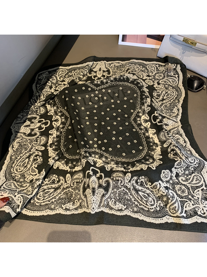 Dotted Paisley square scarf with cream ornamental border and dotted center