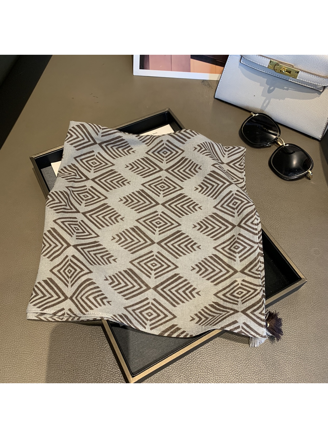 Fretwork Grid square scarf with brown geometric pattern and corner tassels