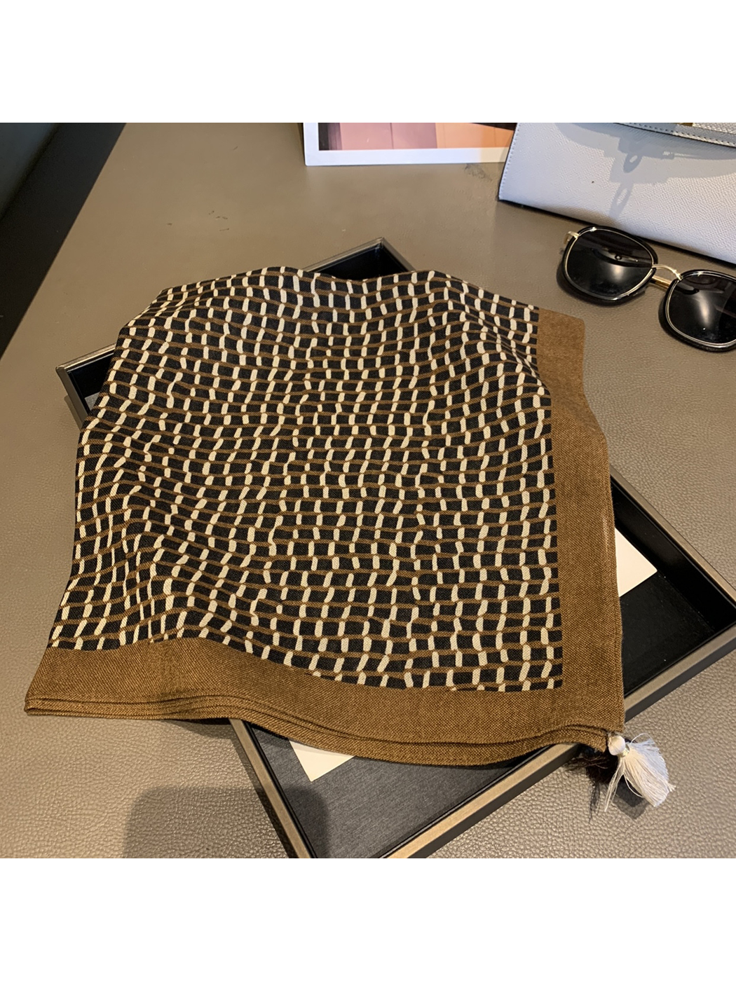 Texture square scarf with brown irregular grid pattern, solid border and corner tassels
