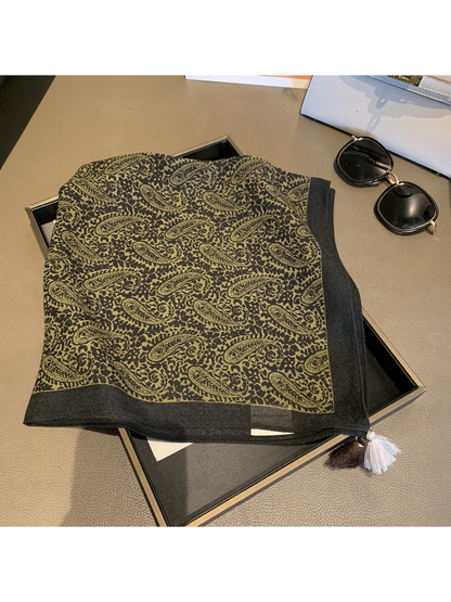 Paisley square scarf with olive pattern, dark border and corner tassels