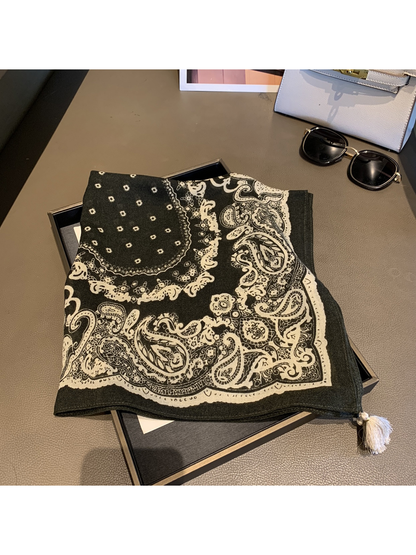 Dotted Paisley square scarf with cream ornamental border, dotted center and corner tassels