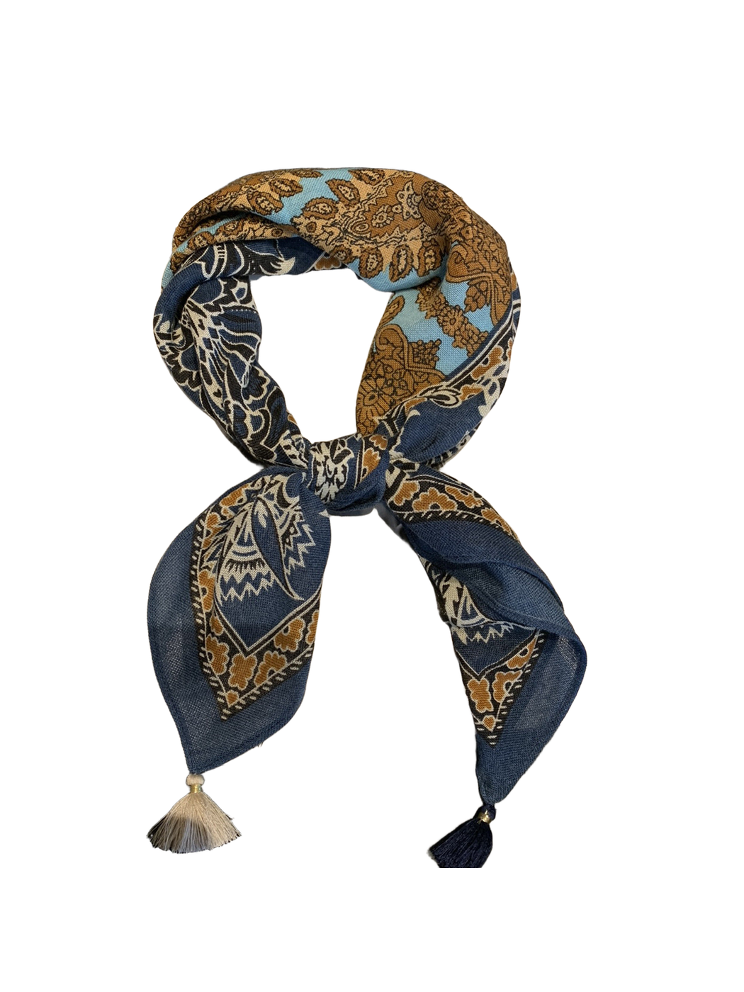 Navy, light blue and brown floral paisley scarf tied with corner tassels