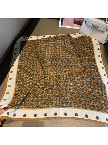 Camel-brown square scarf with a repeating medallion pattern and cream border, full view