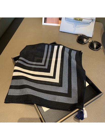 Black Gray geometric square scarf with corner tassels, folded view