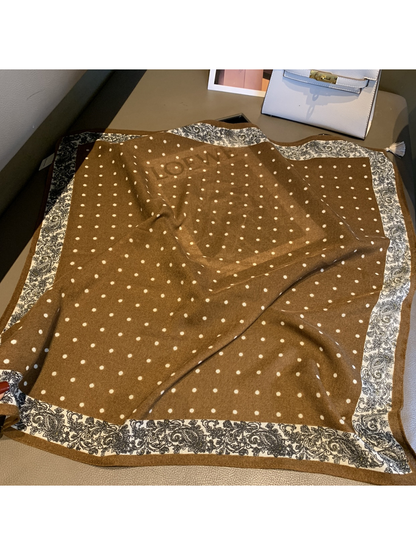 Coffee square scarf with polka dots, paisley border and tassel-trimmed points