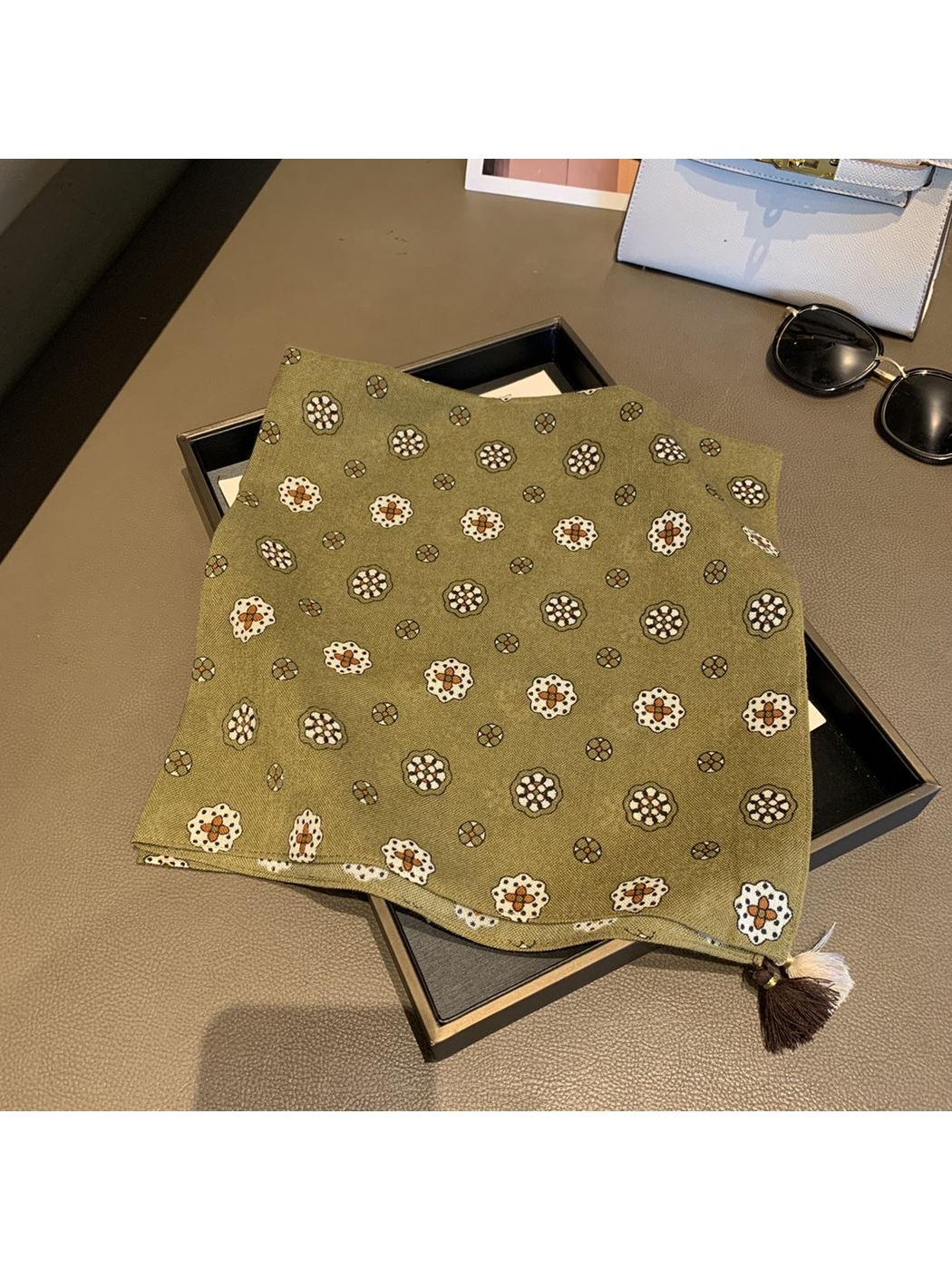 Army Green square scarf with floral medallion pattern and corner tassels, laid flat