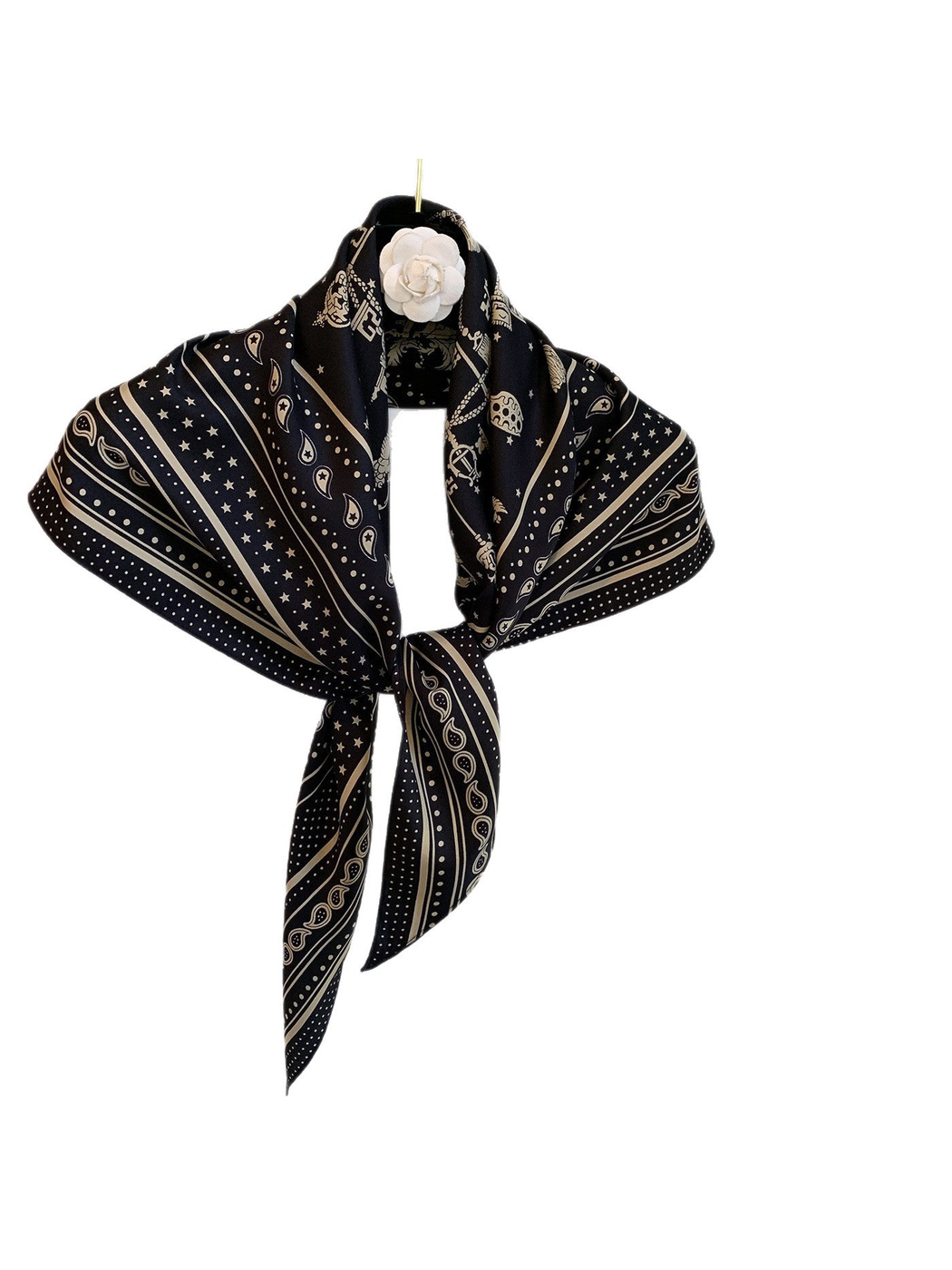 Black Beige paisley and star scarf tied in a front display