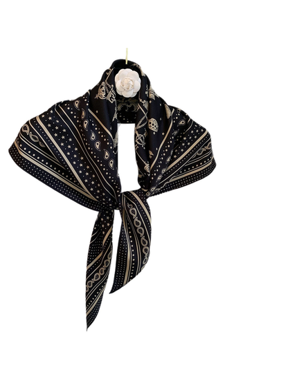 Black Beige paisley and star scarf tied in a front display
