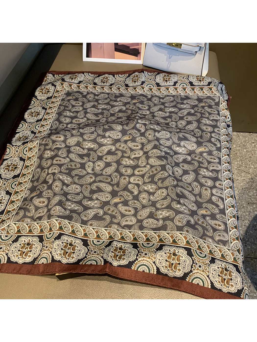 Square scarf with gray paisley center and brown floral border, full view