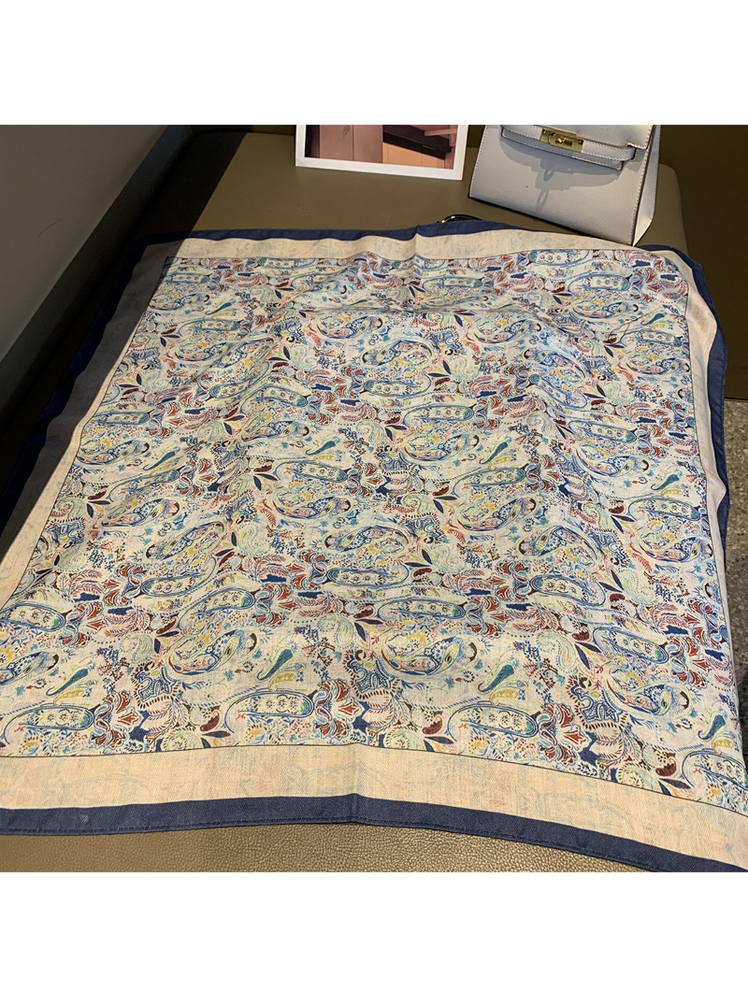 Multicolor paisley square scarf with ivory band and navy border