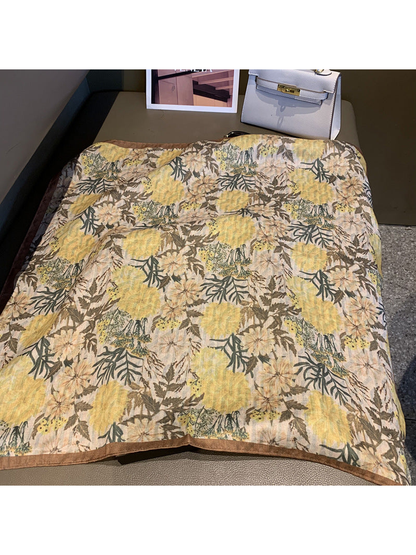 Multicolor square scarf with yellow botanical floral print and brown border