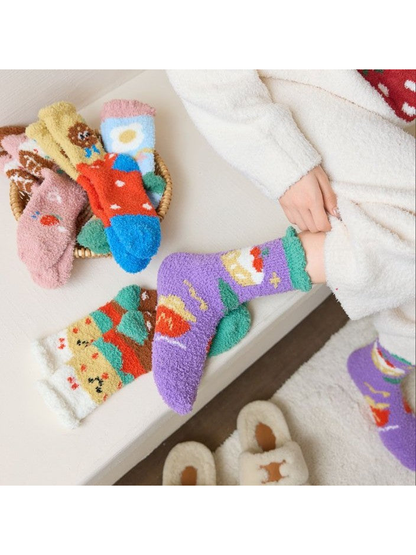 Colorful fuzzy crew socks styled with loungewear and slippers