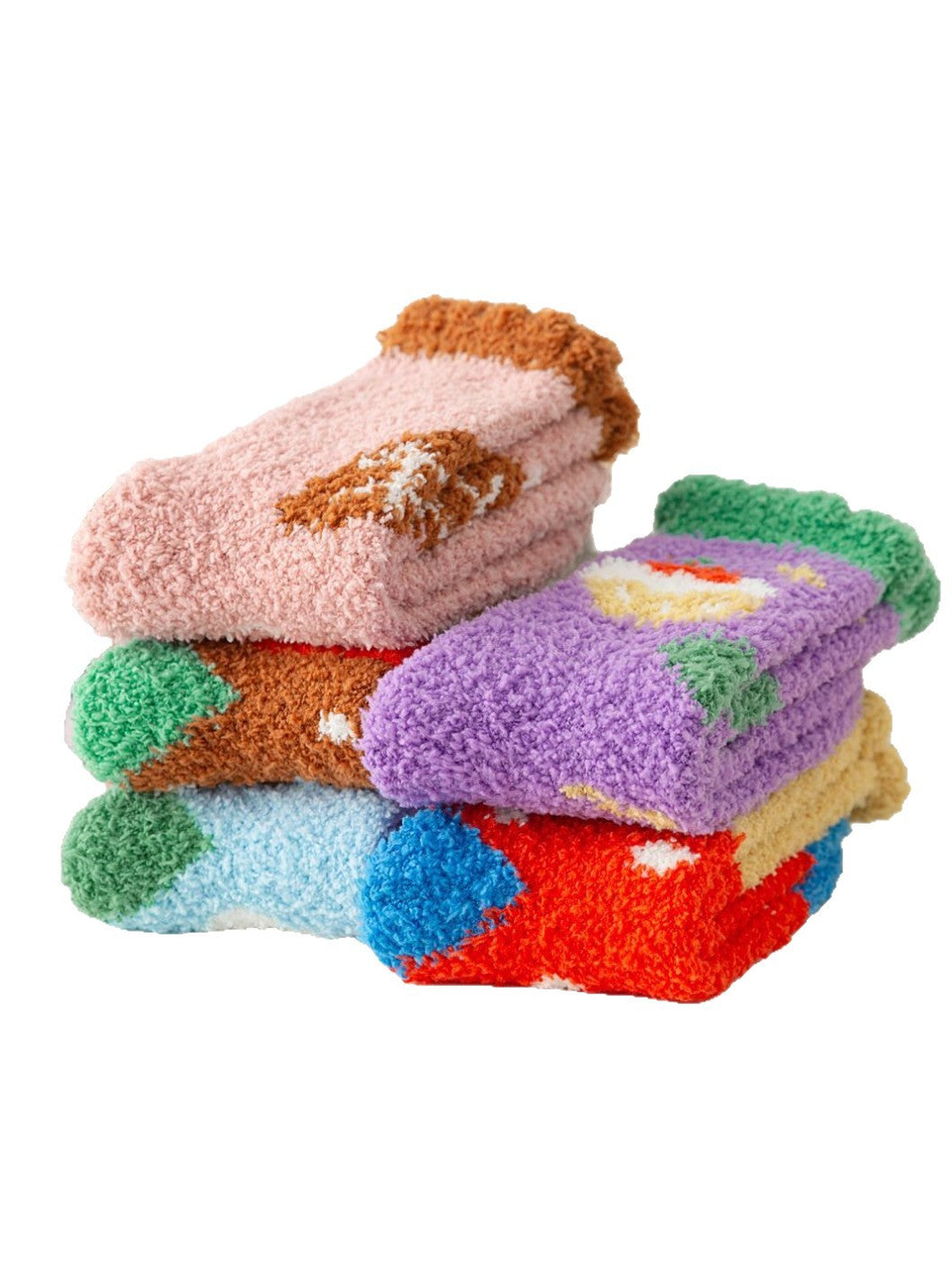 Assorted fuzzy patterned crew socks folded in a stack